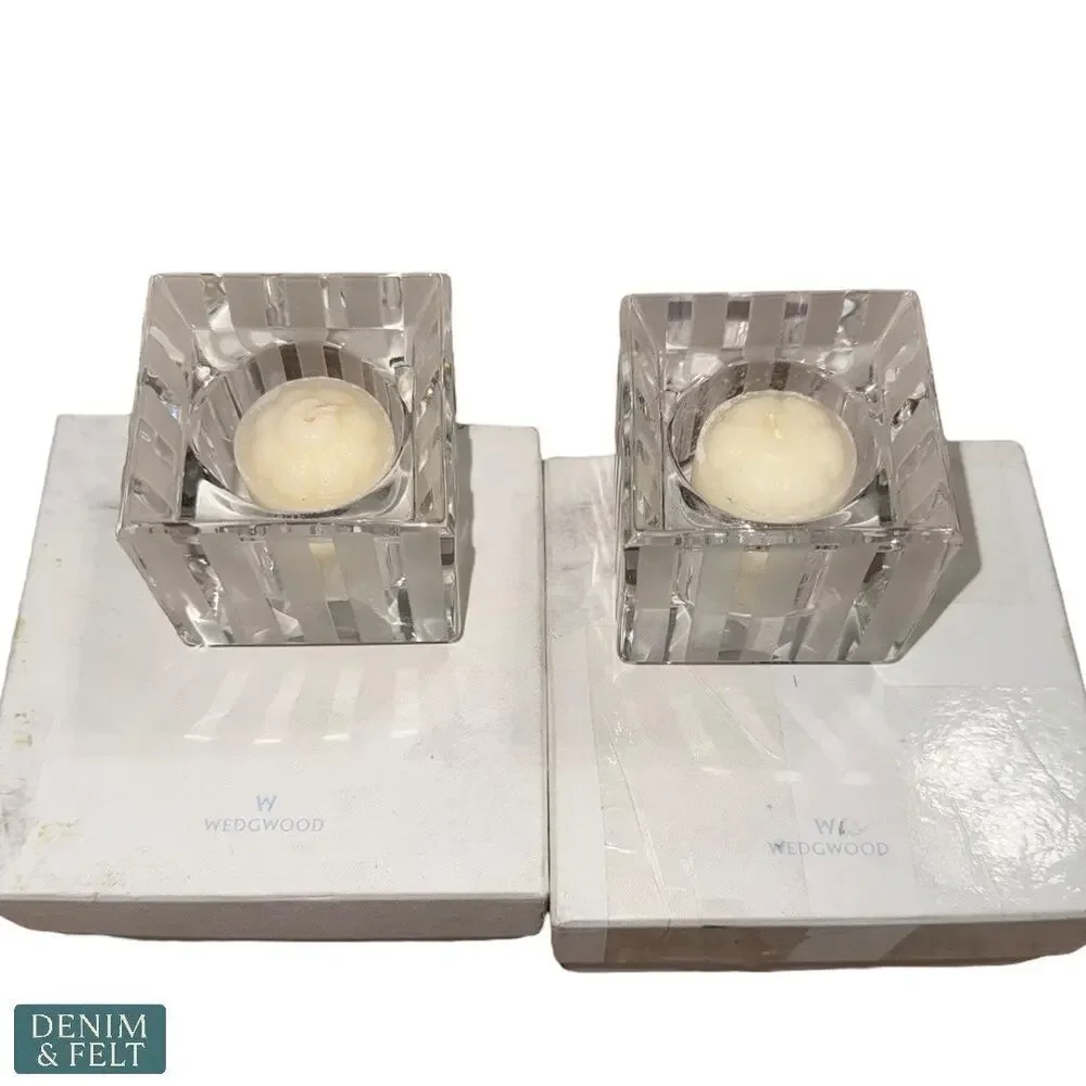 Wedgwood Crystal Votive Holder 3” Square Frosted Stripes Design Set of 2!!‎